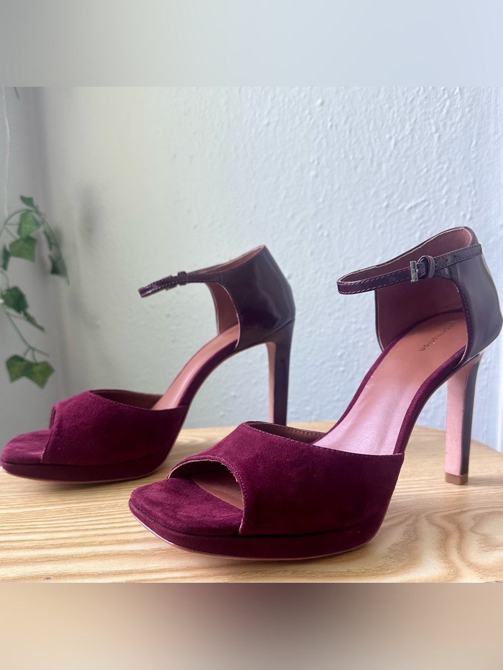 Reformation Gloria Burgundy Suede Heeled Platform Sandal
